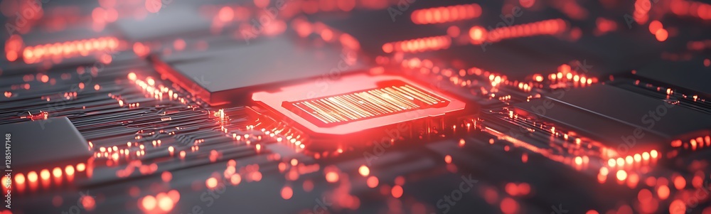 Poster Futuristic circuit board with glowing red elements and intricate details.