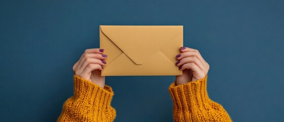 A Close-Up of a Young Adult Female's Hands Holding a Yellow Envelope Against a Blue Background, Symbolizing Communication and Personal Correspondence