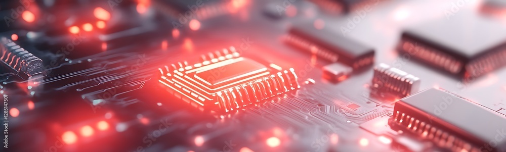 Poster Close-up of a circuit board with glowing red elements and a prominent microchip.