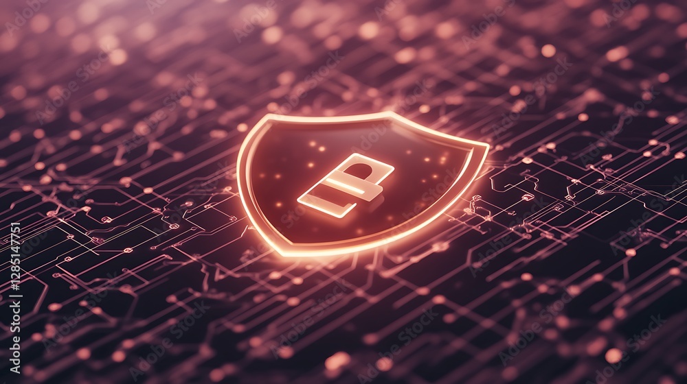 Poster Digital shield icon with glowing edges on a network background, symbolizing cybersecurity and protection.