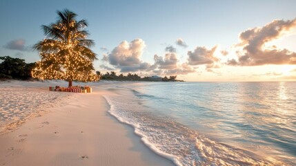 Tropical Christmas Beach  Palm Tree Lights  Gifts  Ocean Sunset