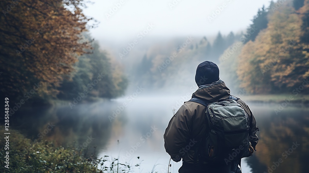 Poster fisherman in autumn attire enjoying a quiet moment by the misty riverbank : generative ai