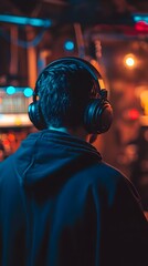 Fototapeta premium A young man with dark hair wearing headphones, immersed in sound amidst a vibrant atmosphere.