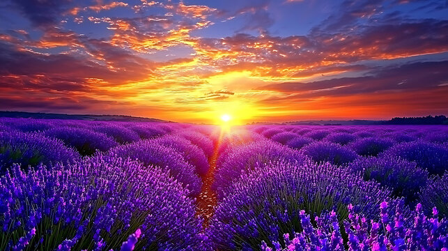Dreamy lavender fields stretch endlessly beneath a golden sunset sky 