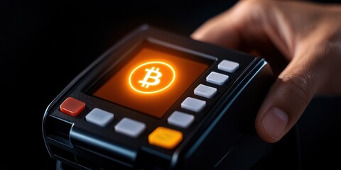 financial inclusion payments growth concept. Hand holding a digital payment terminal displaying a glowing Bitcoin symbol against a dark background.
