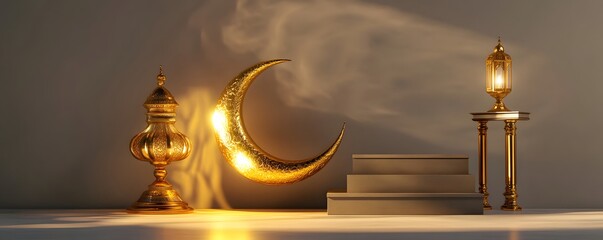 Golden crescent moon and ornate lamps in soft light display