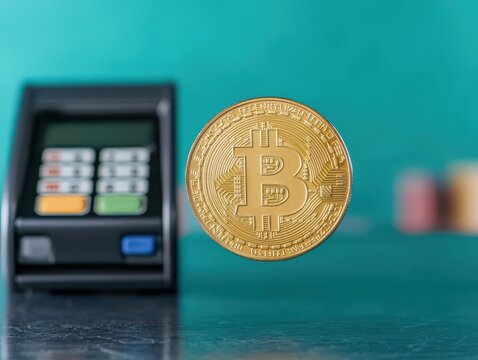 financial inclusion payments growth concept. Bitcoin coin floating in front of a payment terminal, symbolizing digital currency transactions and financial technology.