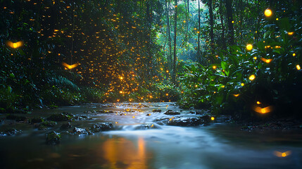 Fireflies dance above a tranquil river flowing through a dense, misty rainforest 