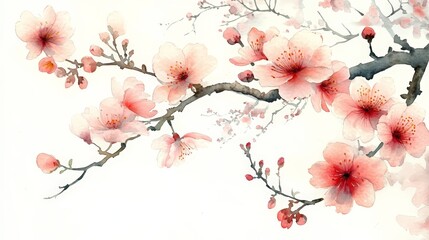 A delicate watercolor painting of cherry blossoms on a branch, evoking beauty and tranquility.