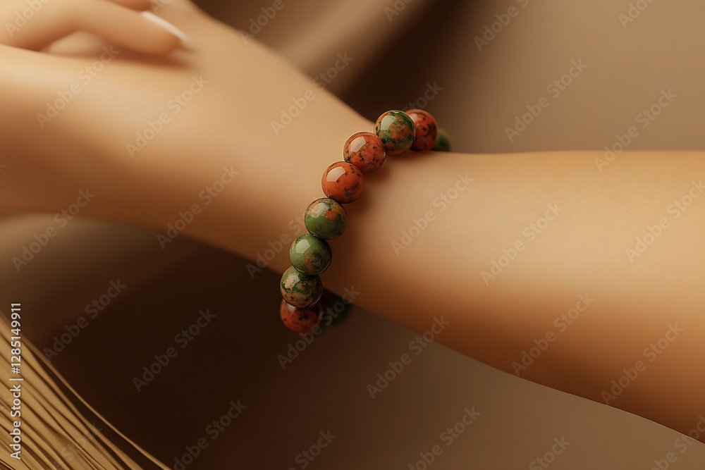 Poster stylish handcrafted bracelet adorned with vibrant gemstones on a soft arm background : generative ai