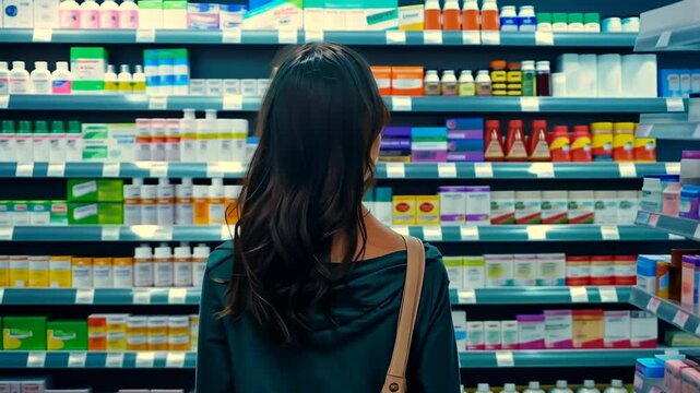 Shopping for health products in a pharmacy during evening hours