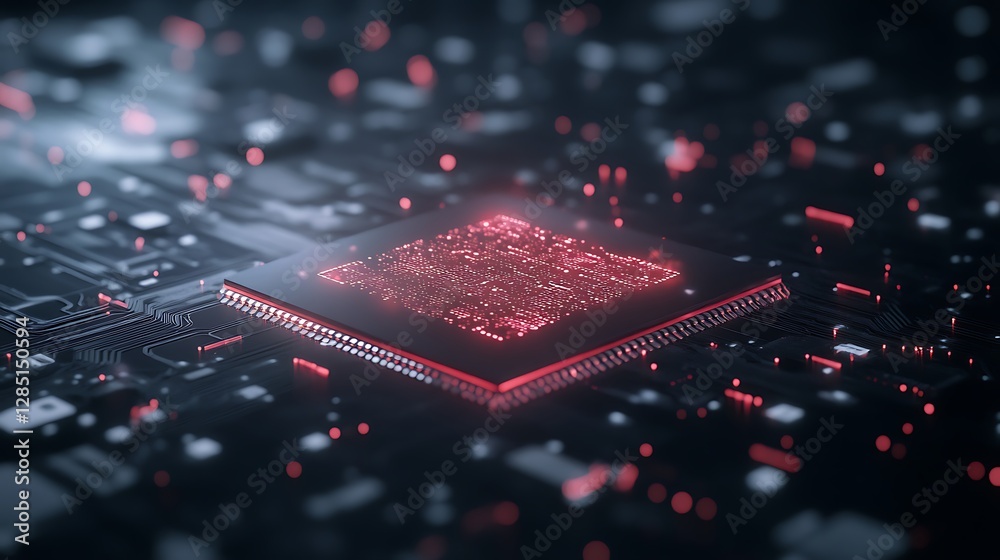 Poster Abstract close-up of a glowing microchip with red lights on a dark background.