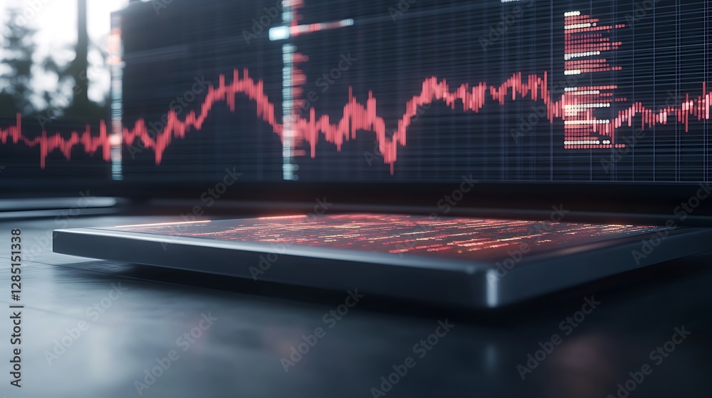Poster Digital display showing a heartbeat graph on a sleek device against a dark background.