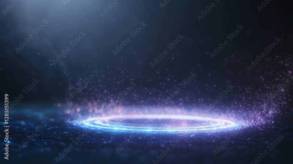Poster glowing circular light effect with sparkling particles on a dark background.