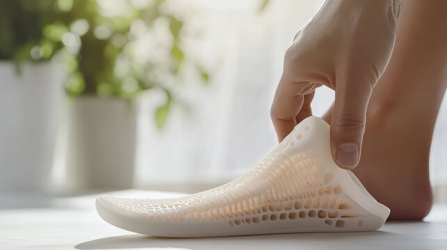 Foot health support shown by a person wearing custom orthotic insoles. Featuring foot support and comfort
