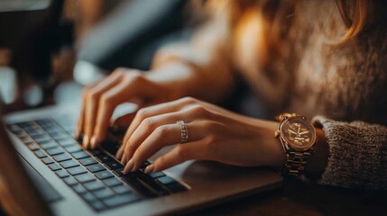 Elegant hands typing on a laptop in a cozy setting