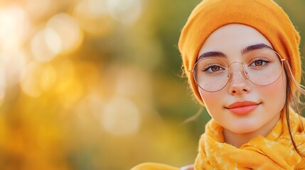 Fototapeta premium Captivating young woman in orange attire autumn park portrait natural light close-up serenity