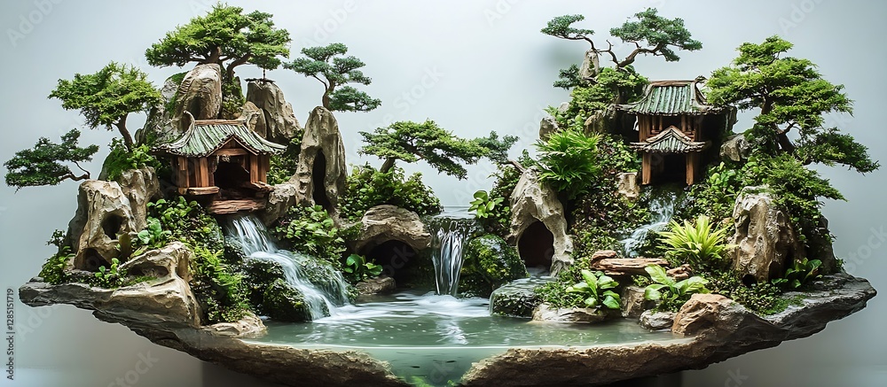 Poster elegant miniature scenic design with flowing water and lush trees surrounding traditional buildings 
