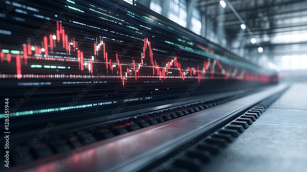 Poster Dynamic stock market visual with fluctuating graphs and data lines in a modern digital setting.