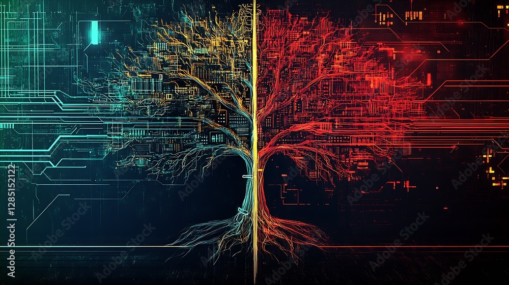 Aufkleber vibrant digital tree artwork blending nature and technology with colorful roots and branches : gener