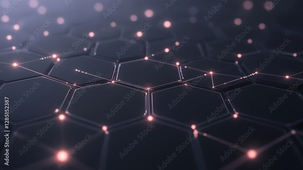Poster Abstract hexagonal network with glowing nodes on a dark background, representing technology and connectivity.