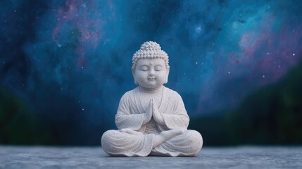 Meditative Buddha statue cosmic background, serenity