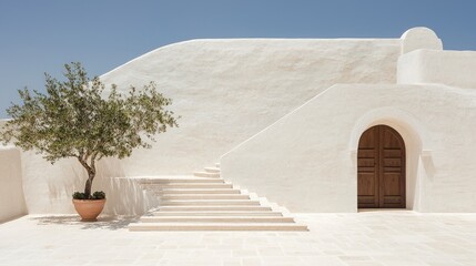 Mediterranean Minimalist Architecture  Sunlit Courtyard  Olive Tree  White Walls  Stone St
