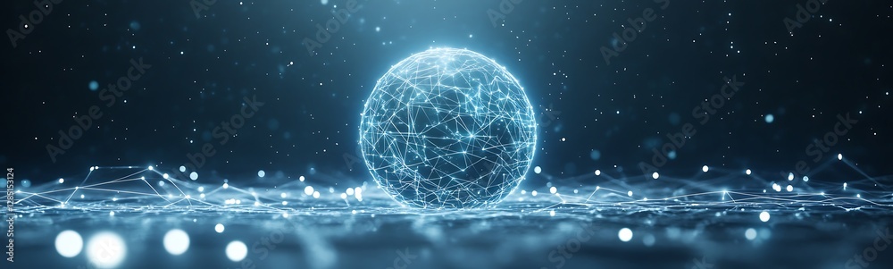 Poster Glowing sphere surrounded by shimmering light particles in a dark environment.