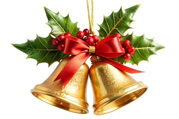 Golden Christmas Bells with Red Ribbon and Holly Decoration
