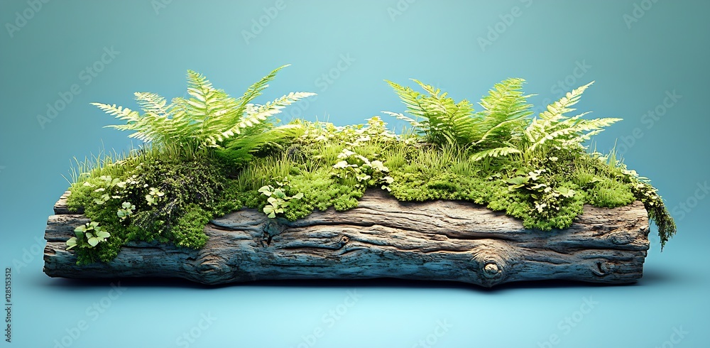 Poster Lush Greenery on a Rustic Log Displaying Nature's Beauty with Ferns and Moss : Generative AI