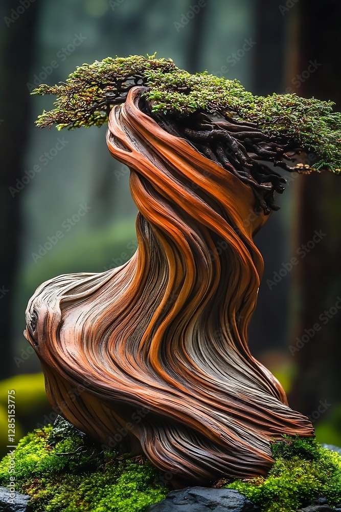 Poster stunning side view of a curved bonsai tree displayed on unique artistic wood base evoking natural ae