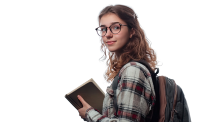Smiling young student girl with glasses holds books