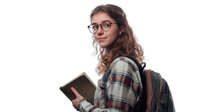 Smiling young student girl with glasses holds books