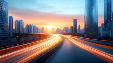 Obraz premium Dynamic city sunset drive urban skyline photography evening glow perspective vibrant motion