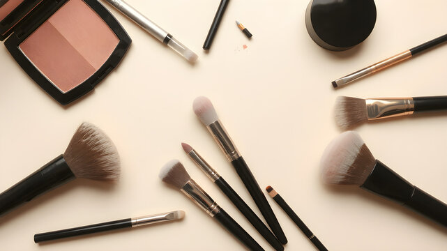 a collection of makeup brushes and cosmetics on a table top view with a white background and a pink pouch, Christian Hilfgott Brand, postminimalism, detailed product photo, a stock photo