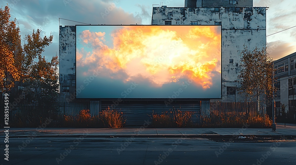 Poster dramatic urban scene with billboards displaying cloudy sunset views set against buildings : generati