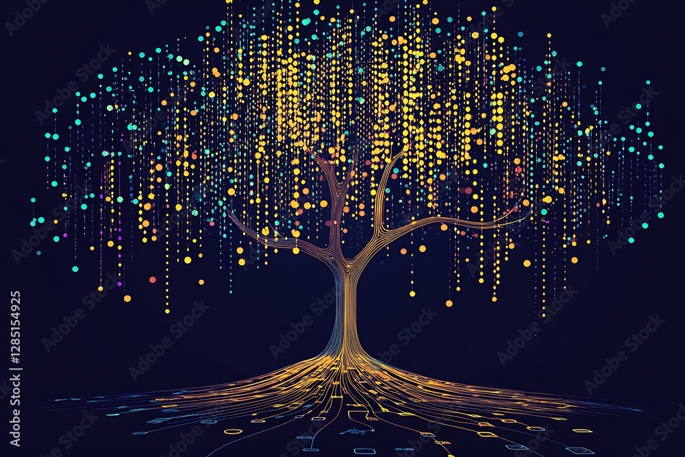 Poster Stylized digital tree emitting glowing dots and lines representing data flow and connectivity : Generative AI