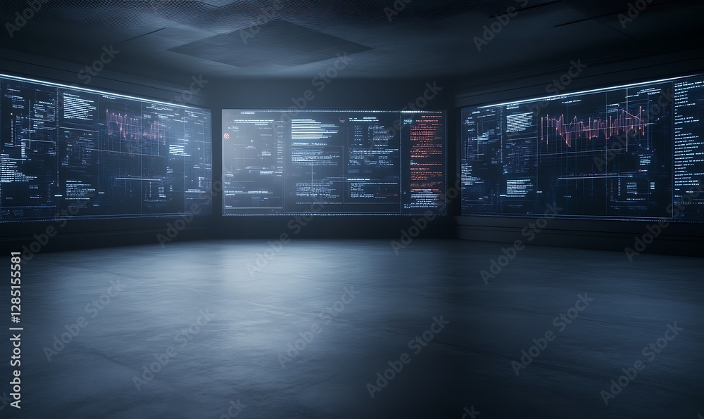 Poster Futuristic empty room with large screens displaying digital data.