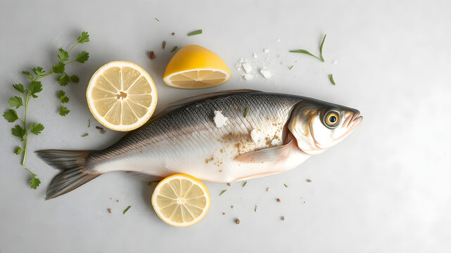 a fish with lemons, parsley, and spices on a table with salt and pepper on it, Carpoforo Tencalla, rayonism, professional food photography, a stock photo