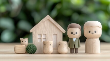 Family Homeownership  Wooden Model House  Couple  and Kids
