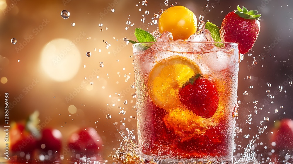 Aufkleber refreshing summer cocktail with vibrant strawberries and lemon splashing in ice cold drink : generat