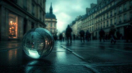 Reflective Sphere in Urban Street on a Rainy Evening in Paris