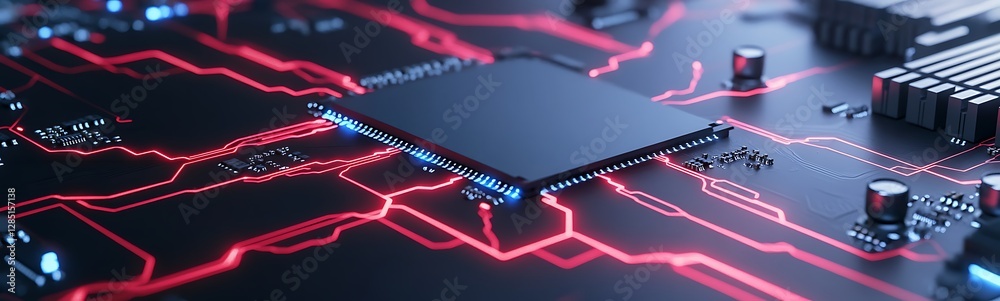 Aufkleber Close-up of a circuit board with glowing red lines and a central chip, showcasing technology and connectivity.
