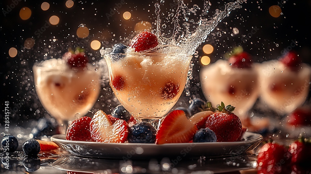 Poster refreshing fruit explosion in glasses with ice cream and berries for summer enjoyment : generative a