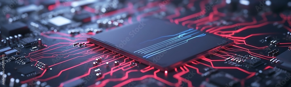 Poster High-tech close-up of a microchip on a vibrant circuit board with glowing red lines.