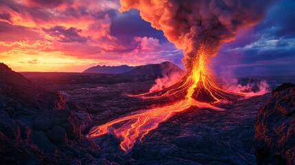 Dramatic volcanic eruption illuminates the twilight sky with molten lava flowing across the landscape.