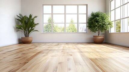 Wide angle view of bright urban living room spacious modern design with indoor plants