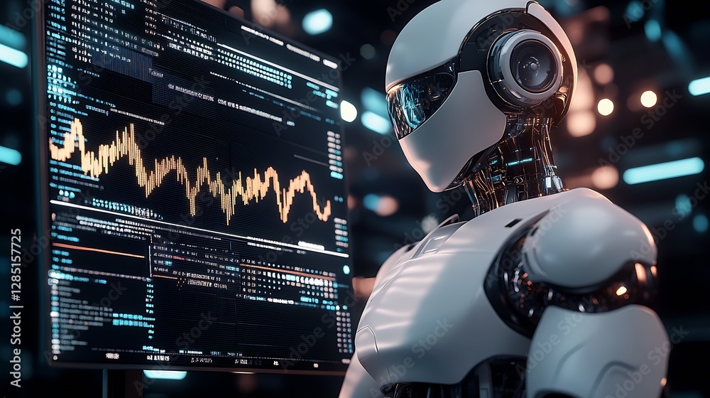 Poster Futuristic robotic humanoid standing in front of a high-tech screen displaying complex data and analytics : Generative AI