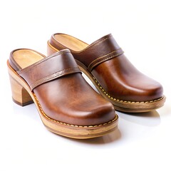 Elegant Brown Leather Clogs with Wooden Heel for Fashionable Footwear Style and Comfort