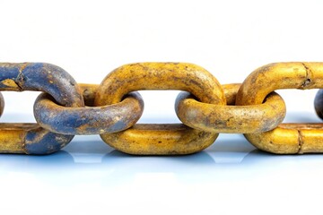 Fototapeta premium Rusty Yellow and Blue Metal Chain Links on a Glossy Surface for Industrial Backgrounds